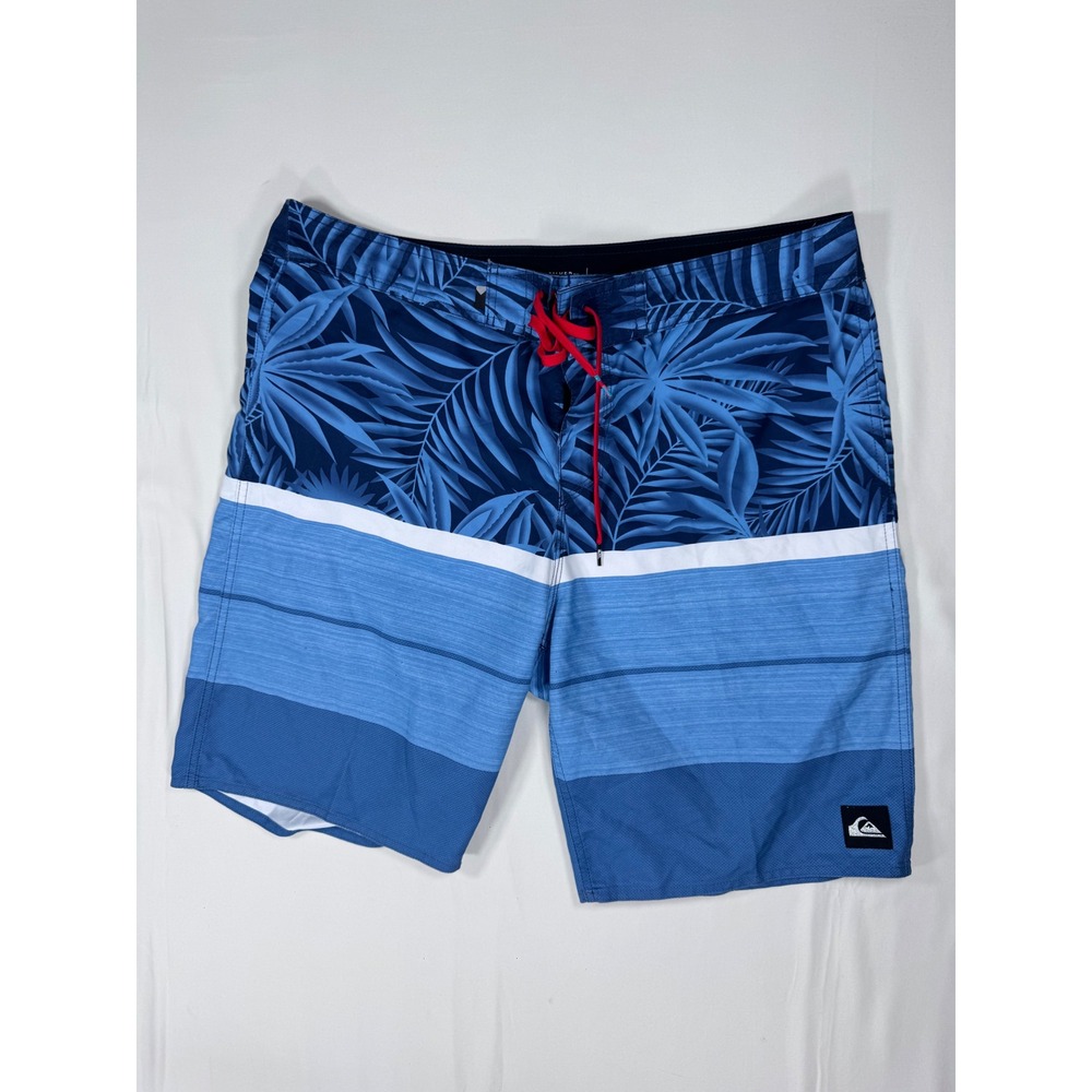 Quiksilver Board Shorts Tropical Palm Stripe Blue 36 Mens Swim Surf Beach